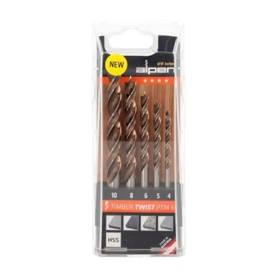 Image of Alpen Maykestag Timber Twist Drill Bit Set (Wood Drill, Cassette, HSS Wood 5 Piece, PTM 5, Diameter 4, 6, 8 and 10 mm) 67100005100