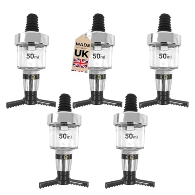 Image of Pack of 5 Universal Solo Bar Optic Measures for Spirits CE Stamped Measure British Made Ideal Home and Commercial Bars (50ml Chrome, 5)