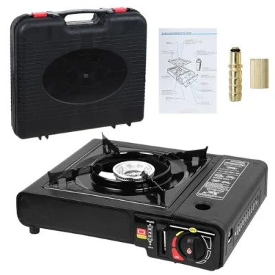 Image of Portable Gas Stove Single Burner Camping BBQ Cooker with Carry Case, Outdoor Grill Plate, Enamel Pan Support, Butane Can or LPG Source Black