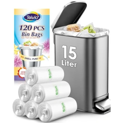 Image of Teivio 15 Liter 120 Counts Strong Pedal Bin Liners, fit 12 Litre Small Rubbish Bags, Bathroom Waste Plastic Trash Can Bags for home office kitchen, Clear