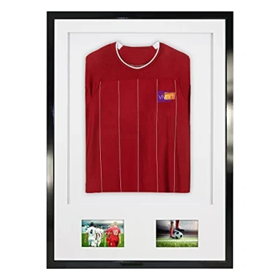 Image of Vivarti DIY Junior 3D Mounted + Double Aperture Sports Shirt Display Frame for Football Shirt, Rugby Band Shadow Box A1 59.4 x 84cm Gloss Black Frame, White Mount, Backing Card
