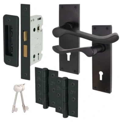 Image of EAI Black Victorian Scroll Door Handle Key Lock Set 1 Pair of Matt Internal Lever Handles on Backplate with Hinges (76mm), Sash (80mm) &amp; Keys