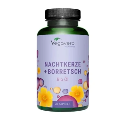 Image of Vegavero Organic Evening Primrose Oil with Borage Seed Cold Pressed 90 Capsules NO Additives, Lab Tested Rich in Linoleic Acid, Omega 3 &amp; GLA Vegan