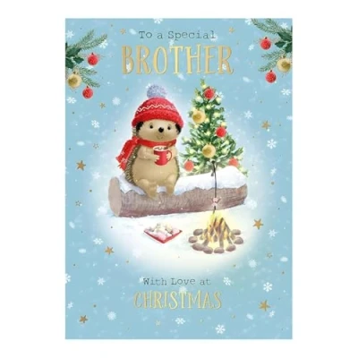 Image of Words and Wishes Brother Christmas Card Special Hedgehog, Tree Campfire Design Finish Made in the UK Eco Friendly