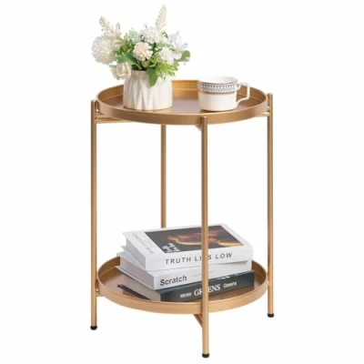 Image of HollyHOME Round Side Table Gold End Table, 2 Tier Metal Tray Snack Coffee Tea Nightstand Sofa for Living Room Bedroom Balcony Patio
