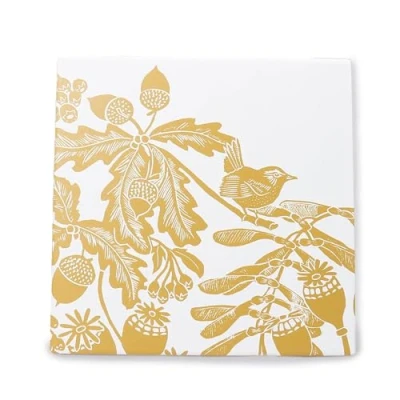 Image of Half Moon Bay Holkham Walk Oak Leaves Acorns Chickadee Birds by Kate Heiss Ochre Yellow/White 8 Inch Ceramic Stoneware Heat Resistant Trivet Hot Pad