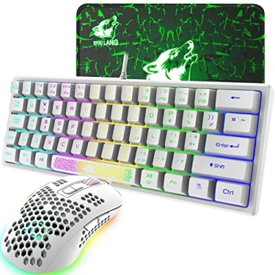 Image of K61 UK Layout RGB 60% Gaming Keyboard Mouse Set Wired 62 Keys Mini Portable 7 LED Backlit 19 key Anti ghosting + 2400 DPI Ultralight Honeycomb Shell +Mouse Pad White