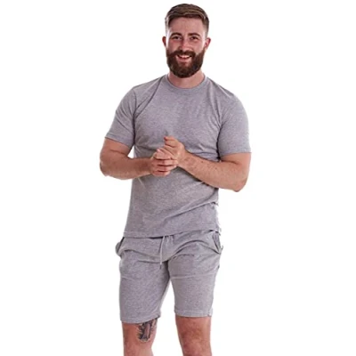 Image of Malay Plain Pyjama Set Shorts Blended Jersey Round Neck Loungewear Solid Soft T Shirt Grey