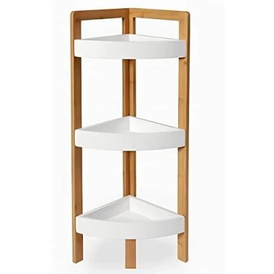Image of HOMION Bathroom Caddy 3 Tier Wood Corner Shelf Storage Rack, Free Standing Rack Multipurpose Shelving Unit, Living Room Kitchen Wooden