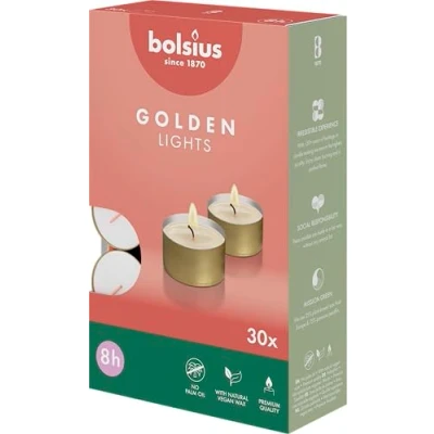 Image of Bolsius Tea Lights with Golden Cup Pack of 30 8 Hours Burning Time Decorative Household Candles Unscented Natural Vegan Wax Without Palm Oil, Gold