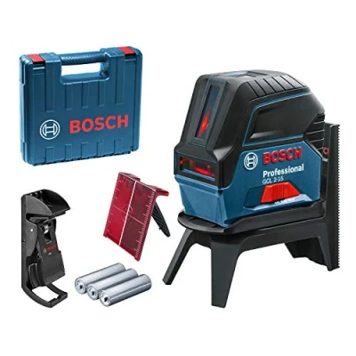 Image of Bosch Professional cross line laser GCL 2 15 (red laser, interior, with plumb points, working range: m, 3 x AA batteries, RM 1 rotating mount, target plate, protective bag, carrying case)