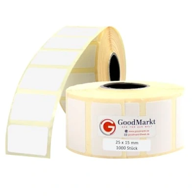 Image of GoodMarkt Thermal Direct Labels self Adhesive 25x15 mm 1 roll, White, 1000 Compatible with Brother, Zebra, Phomemo House Labels, Barcode jam