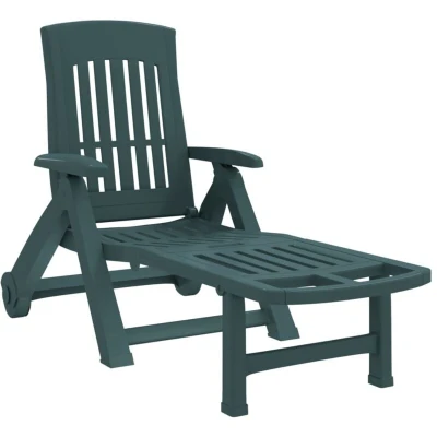 Image of vidaXL Folding Sun Lounger with Adjustable Backrest, Portable Outdoor Seat, Durable Plastics, Lightweight Design Wheels, Space Saving Foldable Feature, Comfortable Garden Reclining Chair Green