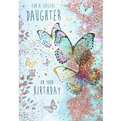Image of Stunning Artistic Female/Girl&#039;s Birthday Card from The Beautiful Pizazz Embellished Range Special Daughter Turquoise Butterflies with an Elegant Flitter Finish Greeting for Her (NQ DR492)