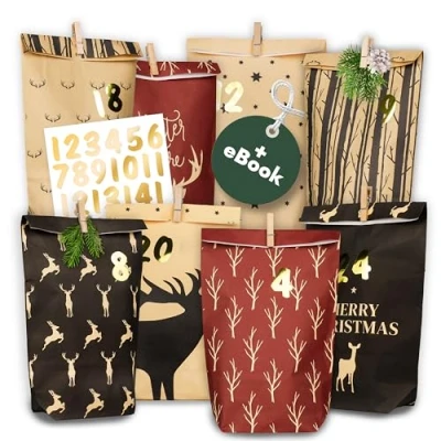 Image of AMARI ® Advent Calendar for Filling No. 15 Deer 24 Paper Bags (with Wooden Clips) Crafts Christmas