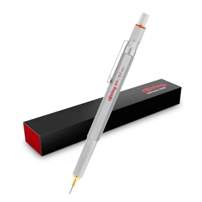 Image of rOtring 800 Premium Mechanical Pencil 0.5mm Silver Metal Barrel Non Slip Knurled Grip Unique Twist &amp; Click Action Gift Boxed