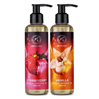 Image of Sensual Massage Oil Set 2 x 200ml Strawberry &amp; Vanilla Blend of Almond Grapeseed Oils Edible Kissable Body for Him Her Couples Relaxing