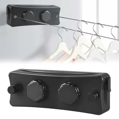 Image of Retractable Clothesline 5.1m Duo Reel Washing Line, Wall Mounted Clothes Drying Indoor Line Extendable Stainless Steel (Black)