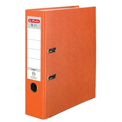 Image of Herlitz® Q.File A4 Lever Arch File, 8 cm Spine, Reversible Sign, 2 Ring Mechanism with Push Strip, PP Film Coated Robust Fittings, Orange