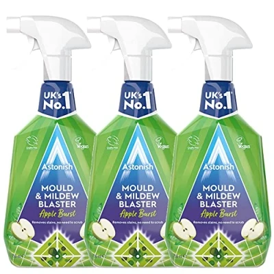 Image of 3 x 750ml Apple Mould Mildew Stain Cleaner Vegan Spray Fast Acting Tiles Bath Kitchen Sink Plastic Concrete