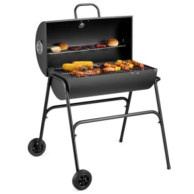 Image of VonHaus Charcoal BBQ Portable Barrel Barbecue with Warming Rack, Temperature Gauge, Wheels, Large Cooking Grill, Air Vents 2 in 1 Barbeque and Smoker Grill Meat, Fish &amp; Vegetables