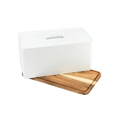 Image of Salter BW13564WEU7 Toronto Bread Bin With Chopping Board Countertop Storage Box Wooden Base for Cutting &amp; Serving, Rectangular Holder Container Kitchen, Easy To Clean, Acacia, White