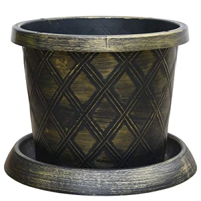 Image of Large Patio Pot &amp; Saucer Stunning black and gold lattice effect Ideal for planting flower plugs shrub vegetables 10 x 39cm by Thompson Morgan