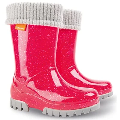 Image of Demar Toddlers Kids Boys Girls 2 10yrs Wellies Rain Boots Children Wellington Warm Lined (Pink Hot, 13 UK Child, numeric_13)
