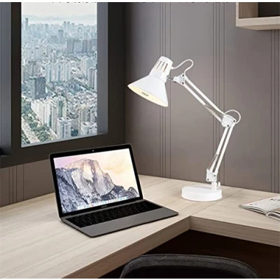 Image of QQY LED Table Lamp, Metal Desk Adjustable Goose Neck Swing Arm Lamp with Interchangeable Base Or Clamp for Bedroom, Study, Office, (White A)