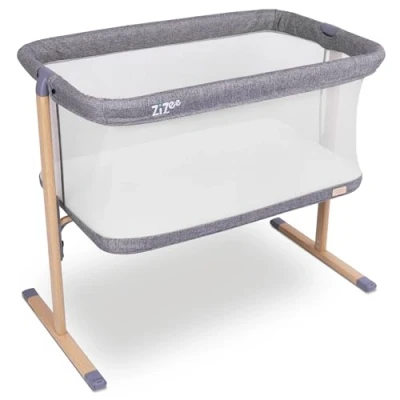 Image of Tutti Bambini ZiZee® Breathable Rocking Crib Baby Cot with All Around Mesh, Easy Fold Bed, Travel Mattress Included, Wheels &amp; Bag (0 6 months) Oak/Charcoal
