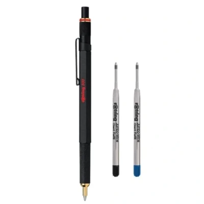 Image of rOtring 800 Ballpoint Pen Set Medium Point Black Ink Barrel Refillable Ball Refills and Blue