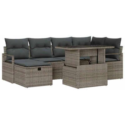 Image of vidaXL 7 Piece Garden Sofa Set with Cushions Grey Poly Rattan