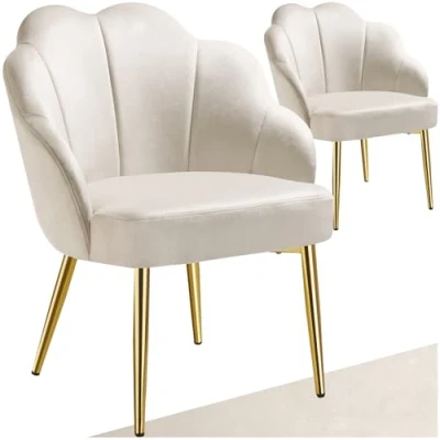 Image of TecTake® Set of 2 Accent Chairs in Shell Design with Velvet Look Covers, Armchair Curved Backrests, Thick Padding &amp; Slim Steel Legs, Ideal as Vanity Chair Bedroom Cream/Gold