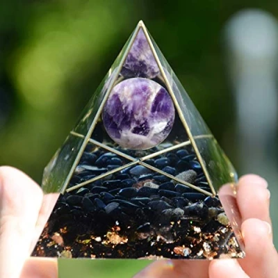 Image of Orgone Pyramid Gemstone Amethyst Crystal Sphere Orgonite for EMF Protection Chakra Healing Meditation and Copper