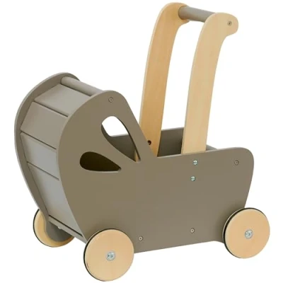 Image of Moover Essential Dolls Pram for Toddlers, Assembly Required, Designed in Denmark from MDF, Push Along Toy, 18 Months +, 44 x 41 24 cm, Grey and Natural Wood