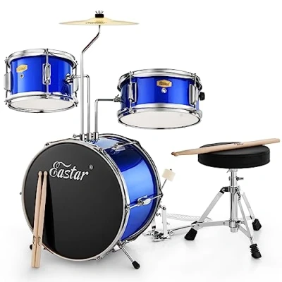 Image of Kids Drum Kit Eastar 14 &#039;&#039; for Beginners, Set 3 Piece with Adjustable Throne, Cymbal, Pedal &amp; 2 Pairs of Drumsticks, Junior Bass Tom Snare Drum, Mirror Blue