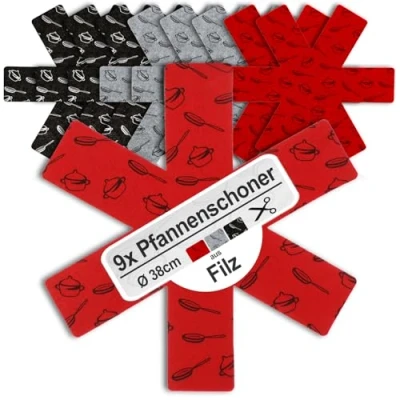Image of COM FOUR® 9X Felt pan Protector to Protect Against Scratches Protection mat Also for pots and Bowls (09 Pieces Gray/red/Black)