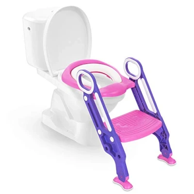 Image of FiNeWaY Baby Potty Training Toilet Seat Step Stool Ladder Child Toddler Adjustable Comfortable Folding Trainer with Soft Padded Cushion Anti Slip (75Kg) 1 7 Kids Boys Girls (Pink)