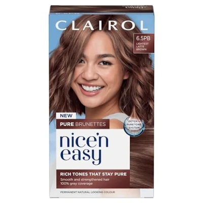 Image of Clairol Nice n’ Easy Pure Brunettes Hair Colour and Rich Brown Tones Smooth, Natural With Pre Serum 100% Grey Coverage 6.5PB Lightest Latte Permanent Dye