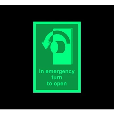 Image of In emergency turn left to open Safety sign 150mm x 100mm 1.2mm Photoluminescent rigid plastic with self adhesive backing