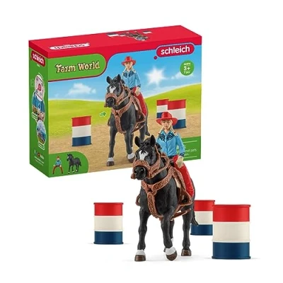 Image of schleich Farm World 42576 3 Barrel Rodeo Racing Playset Cowgirl Toy Set with Horse, Realistic Western Animal Figures and Accessories 7 Piece for Boys Girls