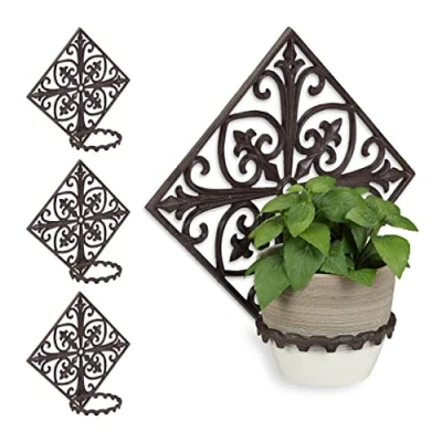 Image of Relaxdays Set of 4 Wall Flower Racks, Cast Iron, Antique, Garden Plant Holder, Ø 13 cm, Decorative, Ornate, Dark Brown
