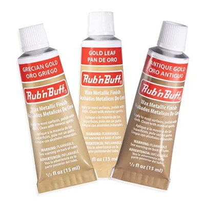 Image of AMACO Rub n Buff Wax Metallic Finish 3 Color Kit Antique Gold Grecian and Leaf 15ml Tubes Versatile Gilding for Finishing Furniture Antiquing Restoration Colors