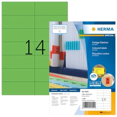 Image of HERMA Self Adhesive Coloured Labels, 14 Labels per A4 Sheet, 100 Sheets, 105 x 42.3 mm, 1400 Blank Colour Stickers, Sticky for Laser &amp; Inkjet Printer, Green