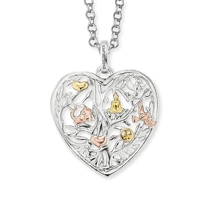 Image of Angel Whisperer Heart Shaped Tree of Life Necklace with Pendant for Women Tricolour Rhodium Plated Yellow Gold Rose 925 Sterling Silver Length 50 cm, one size, Silver, No Gemstone