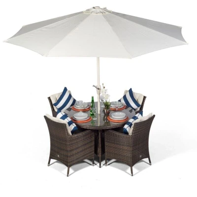 Image of Savannah Rattan Dining Set Luxury Round 4 Seater Brown Outdoor Poly Garden Table &amp; Chairs Patio Conservatory Wicker Furniture with Parasol Cover