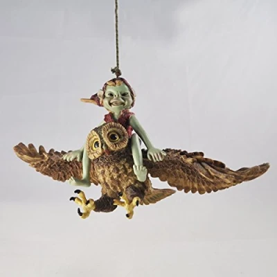 Image of Pixie Riding Owl, Rope Hanging Ornament Green Garden Home Decor Fun Quirky Gift Figurine Anthony Fisher