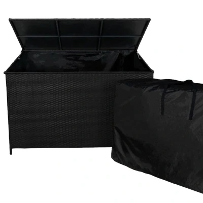 Image of Rattan Garden Storage Black Box &amp; Waterproof Carry Bag Large Cushion Blanket Tools Toys Furniture Chest 582L Outdoor Patio Deck Steel Frame UV Weather Resistant Gas Assisted Lift Lid Portable Wheels