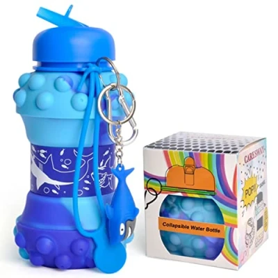 Image of CARESWAY Kids Water Bottle with Keyring 500ml Girls &amp; Boys Shark Drinks Foldable Collapsible BPA Free Childrens Bottles for School