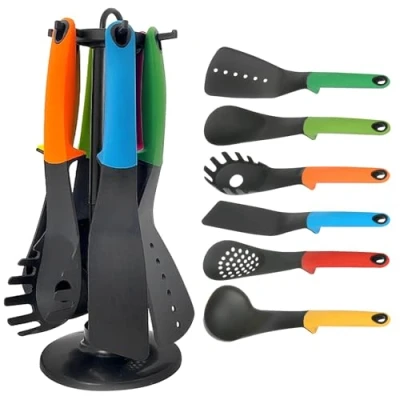 Image of Daniel James Kitchen Utensil Set 6 Piece Non Stick Cooking Tools with Rotating Stand Heat Resistant Cookware Ergonomic Handles and Carousel Holder Multicoloured